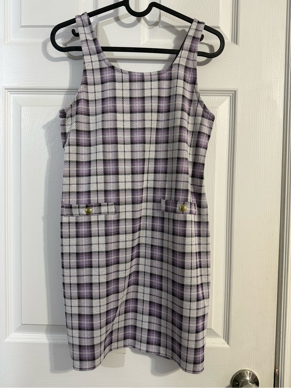 Girls' Purple Plaid Sleeveless Shift Dress with Pocket Detail